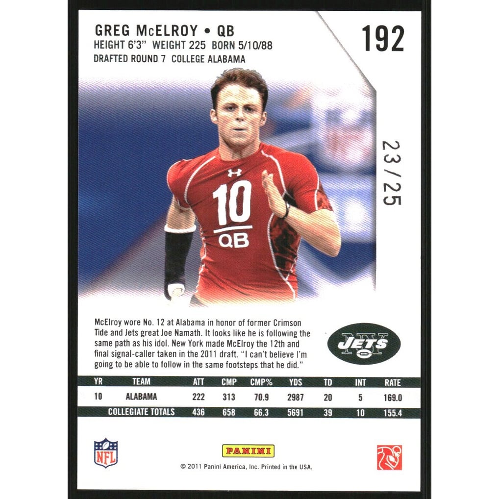2011 Rookies and Stars Longevity Parallel Platinum #192 Greg McElroy