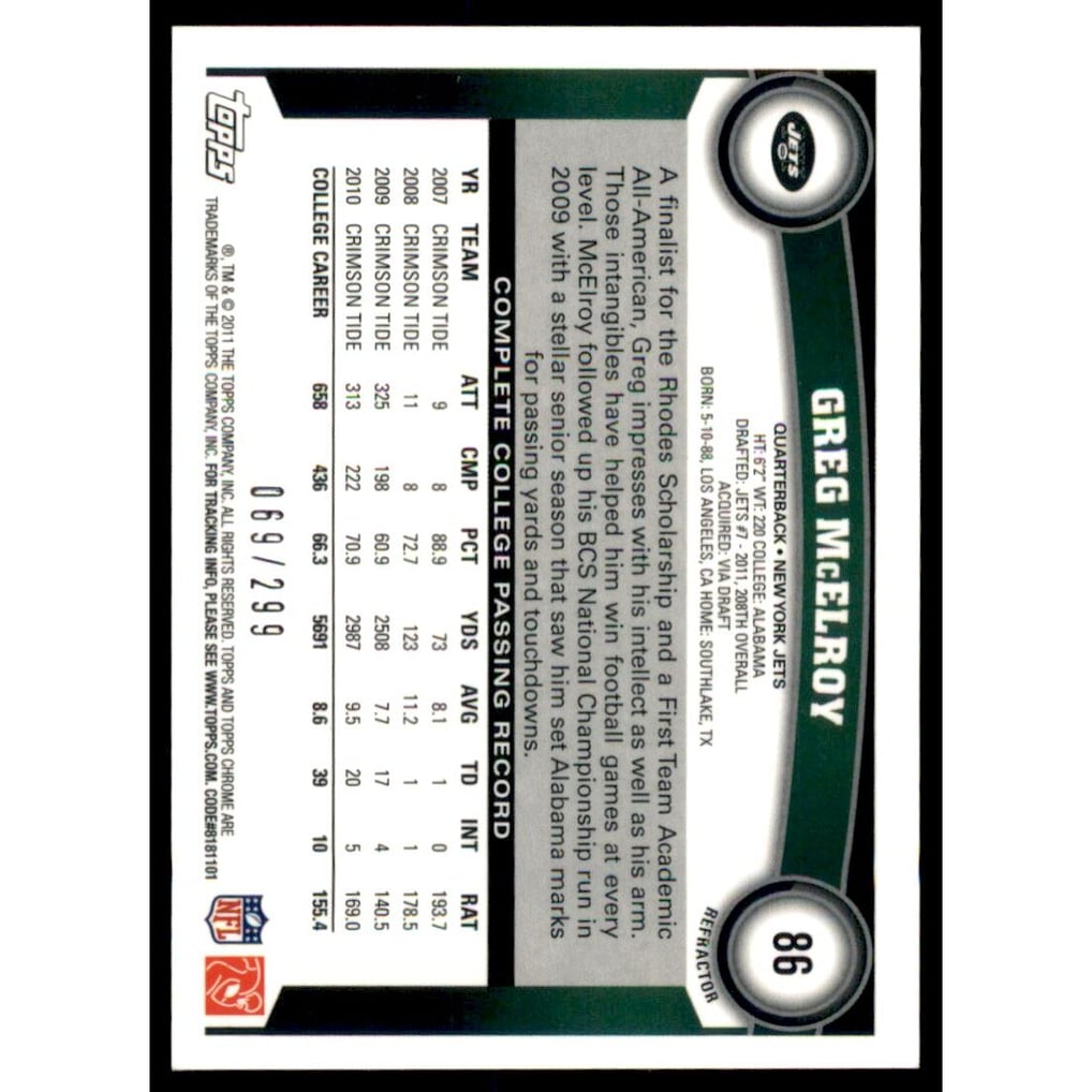 2011 Topps Chrome Black Refractors #86 Greg McElroy