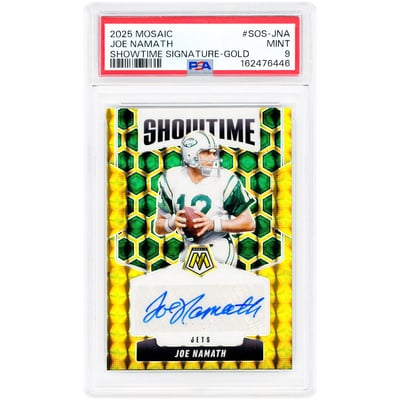 Joe Namath New York Jets Autographed 2025 Panini Mosaic Showtime Gold Prizm #SOS-JNA #5/10 PSA Authenticated 9 Card