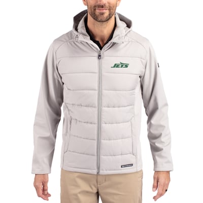  New York Jets Cutter & Buck Primary Logo Evoke Hybrid Eco Softshell Recycled Full-Zip Hooded Jacket - Gray