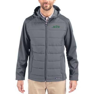  New York Jets Cutter & Buck Primary Logo Evoke Hybrid Eco Softshell Recycled Full-Zip Hooded Jacket - Gray