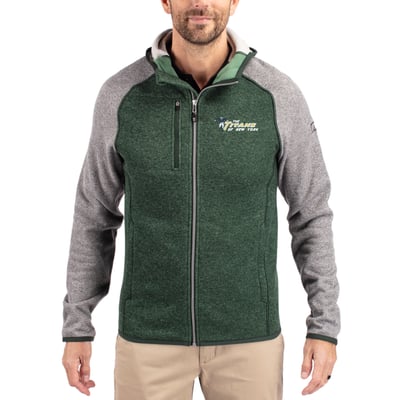  New York Jets Cutter & Buck Throwback Mainsail Sweater-Knit Full-Zip Hoodie - Heather Green/Heather Gray