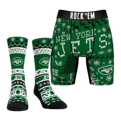 New York Jets Rock Em Socks Holiday Tacky Sweater Underwear and Crew Socks Combo Pack