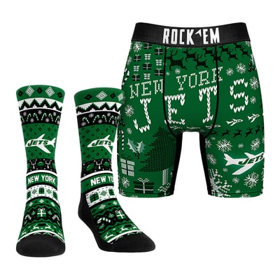 New York Jets Rock Em Socks Retro Throwback Holiday Tacky Sweater Underwear and Crew Socks Combo Pack