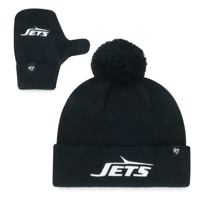 New York Jets '47 Toddler Bam Bam Cuffed Knit Hat with Pom & Mittens Set - Black