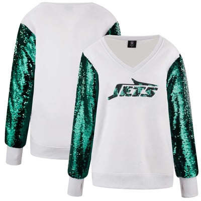 New York Jets FABGATING by Cuce Women's Sequin Sleeve V-Neck Sweatshirt- White
