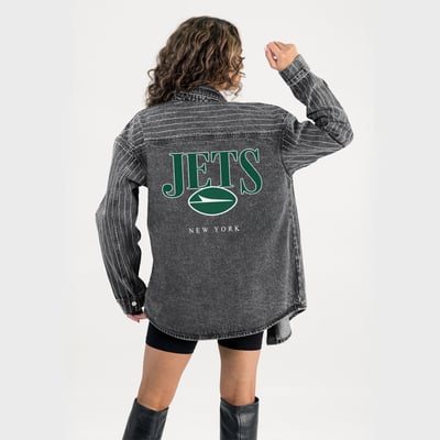  New York Jets Gameday Couture Women's End Zone Energy Rhinestone Washed Full-Snap Denim Overshirt - Black
