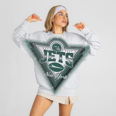 New York Jets Gameday Couture Women's Chasing Victory Rhinestone Spray Oversized Fleece Sweatshirt - Heather Gray