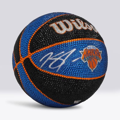 Karl-Anthony Towns New York Knicks Autographed Fanatics Authentic Wilson Black and Blue Tribute Basketball - Art by Rock On Sports