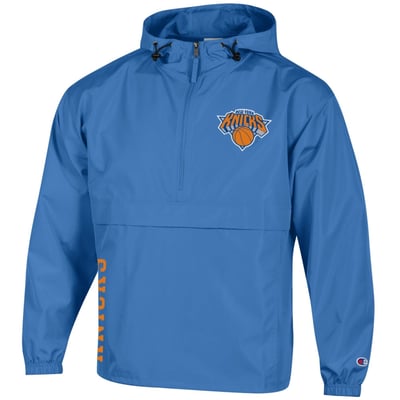  New York Knicks Champion Packable Lightweight Hooded Windbreaker Half-Zip Jacket - Blue