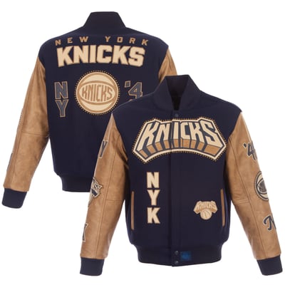 New York Knicks JH Design Full-Zip Wool & Leather Jacket - Navy/Tan