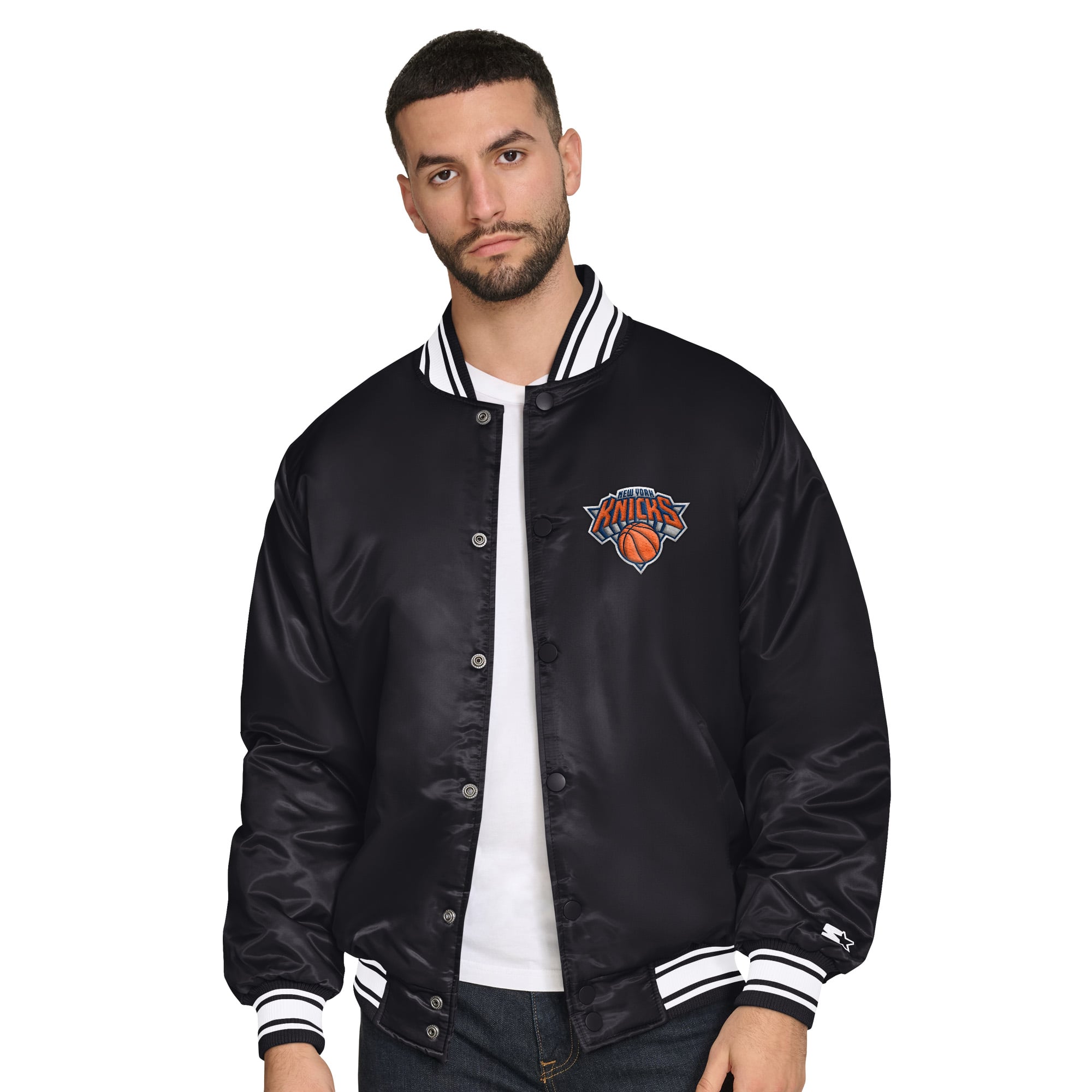 Starter New York Knicks Black Final Buzzer Satin Varsity Full-Snap Jacket