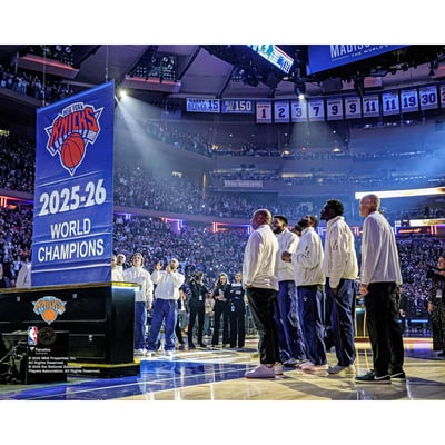 New York Knicks Unsigned Fanatics Authentic 2025-26 NBA Championship Banner Raising Photograph