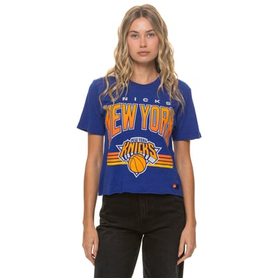 New York Knicks Aviator Nation Women's Cropped Boyfriend Tri-Blend T-Shirt - Blue
