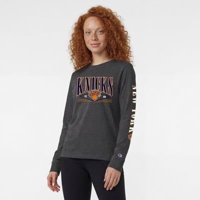 New York Knicks Champion Women's Long Sleeve Banner T-Shirt - Heather Charcoal