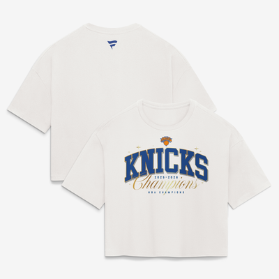 New York Knicks Fanatics Women's 2026 NBA Finals Champions Banner Bound Crop T-Shirt - White
