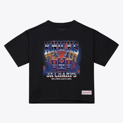 New York Knicks Mitchell & Ness Women's 2026 NBA Finals Champions Banner Raising T-Shirt - Black