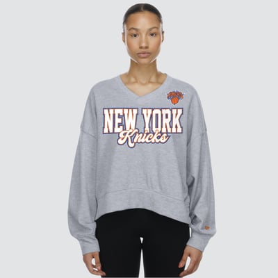 New York Knicks New Era Women's Oversized Cropped V-Neck Fleece Sweatshirt - Gray
