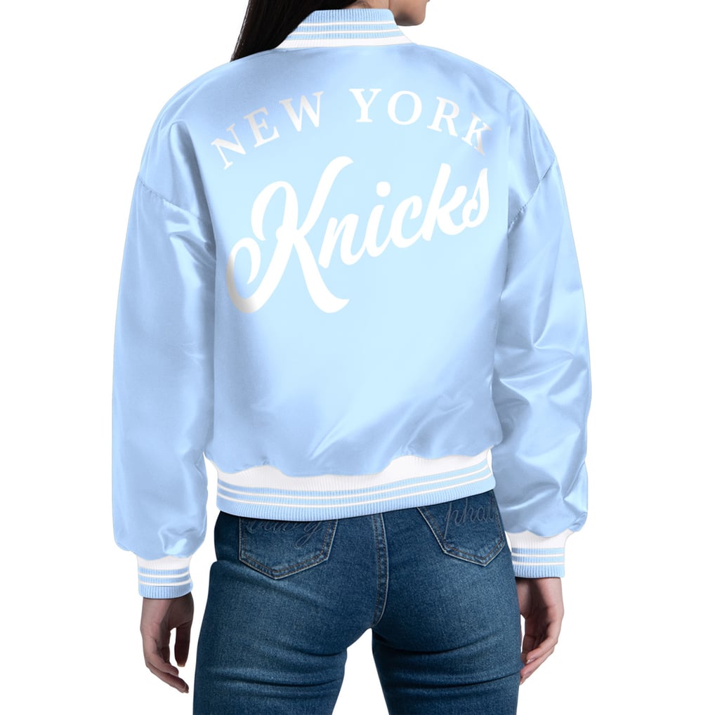 Modern Plus Sign Cursive Women's New York Knicks Starter Light Blue Printed Script Cropped Satin ...