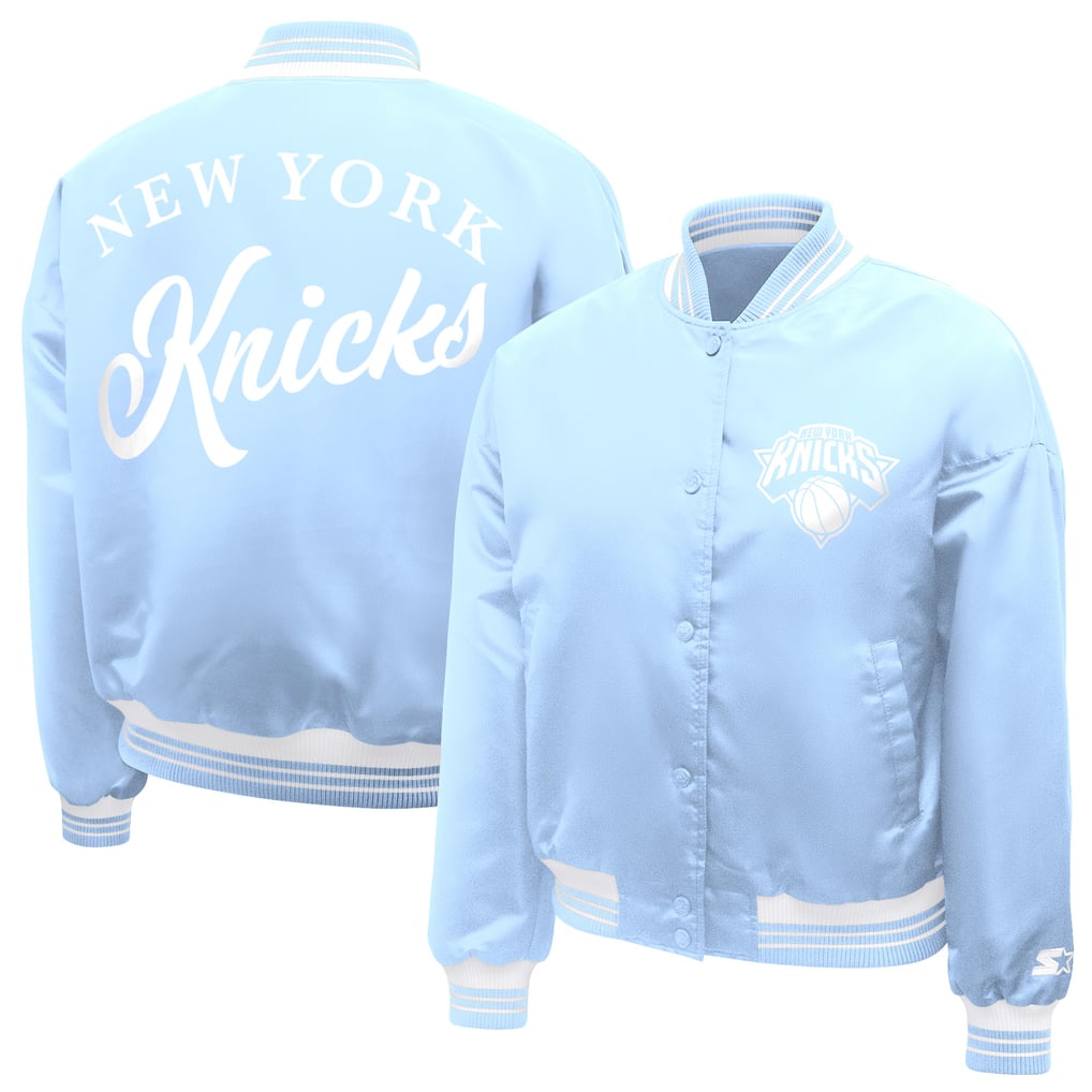 Modern Plus Sign Cursive Women's New York Knicks Starter Light Blue Printed Script Cropped Satin ...