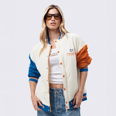New York Knicks Terez Women's 2026 NBA Champions Full Snap Bomber Jacket - Cream
