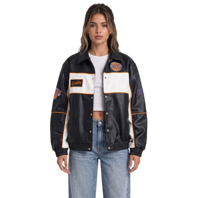  New York Knicks The Wild Collective Women's Faux Leather Racing Full-Snap Jacket - Black