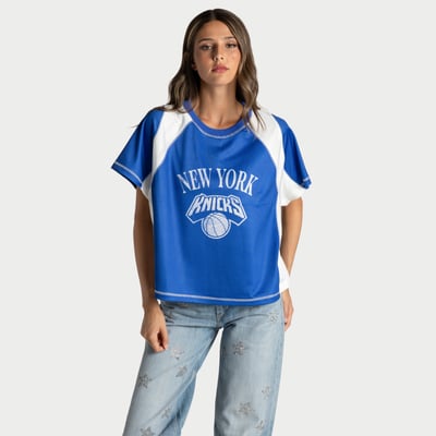  New York Knicks The Wild Collective Women's Contrast Mesh Raglan Top - Blue