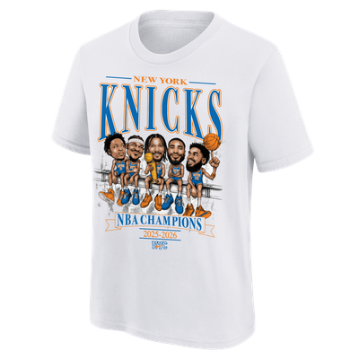 New York Knicks Nike Youth 2026 NBA Finals Champions Team Caricature T-Shirt - White