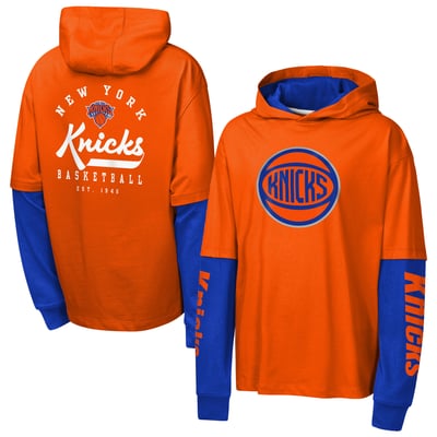 New York Knicks Outerstuff Youth Double Nickel Oversized Faux 2fer Hooded T-Shirt - Orange

