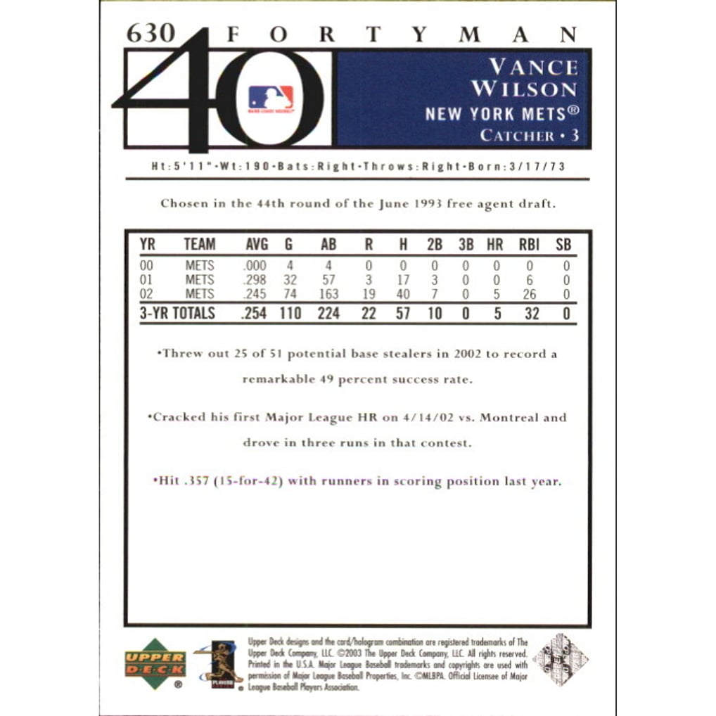 2003 Upper Deck 40-Man Rainbow #630 Vance Wilson