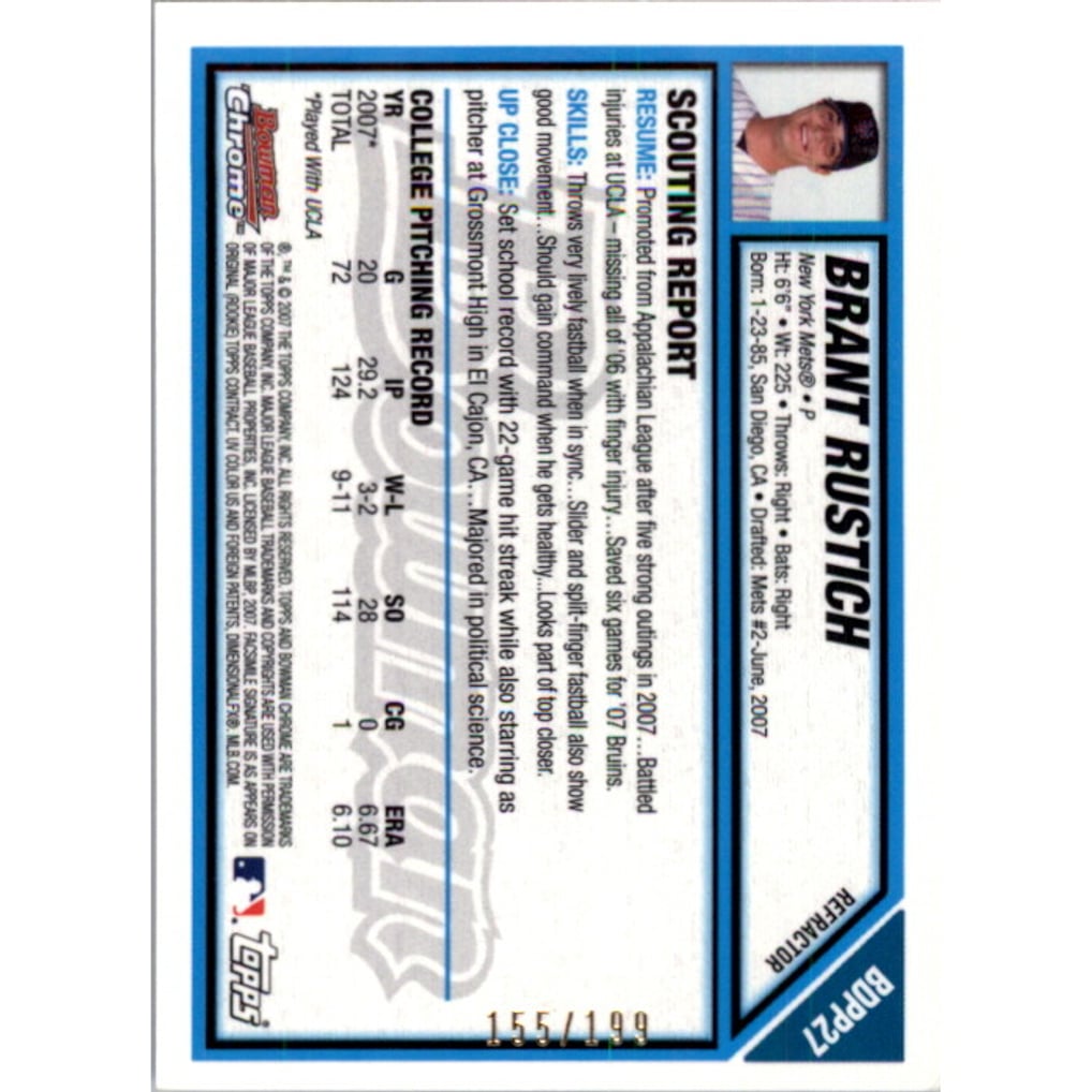 2007 Bowman Chrome Draft Draft Picks Blue Refractors #BDPP27 Brant Rustich