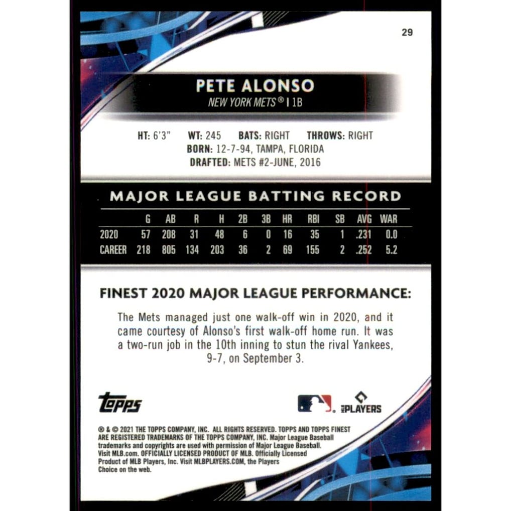 2021 Finest Green Speckle Refractors #29 Pete Alonso