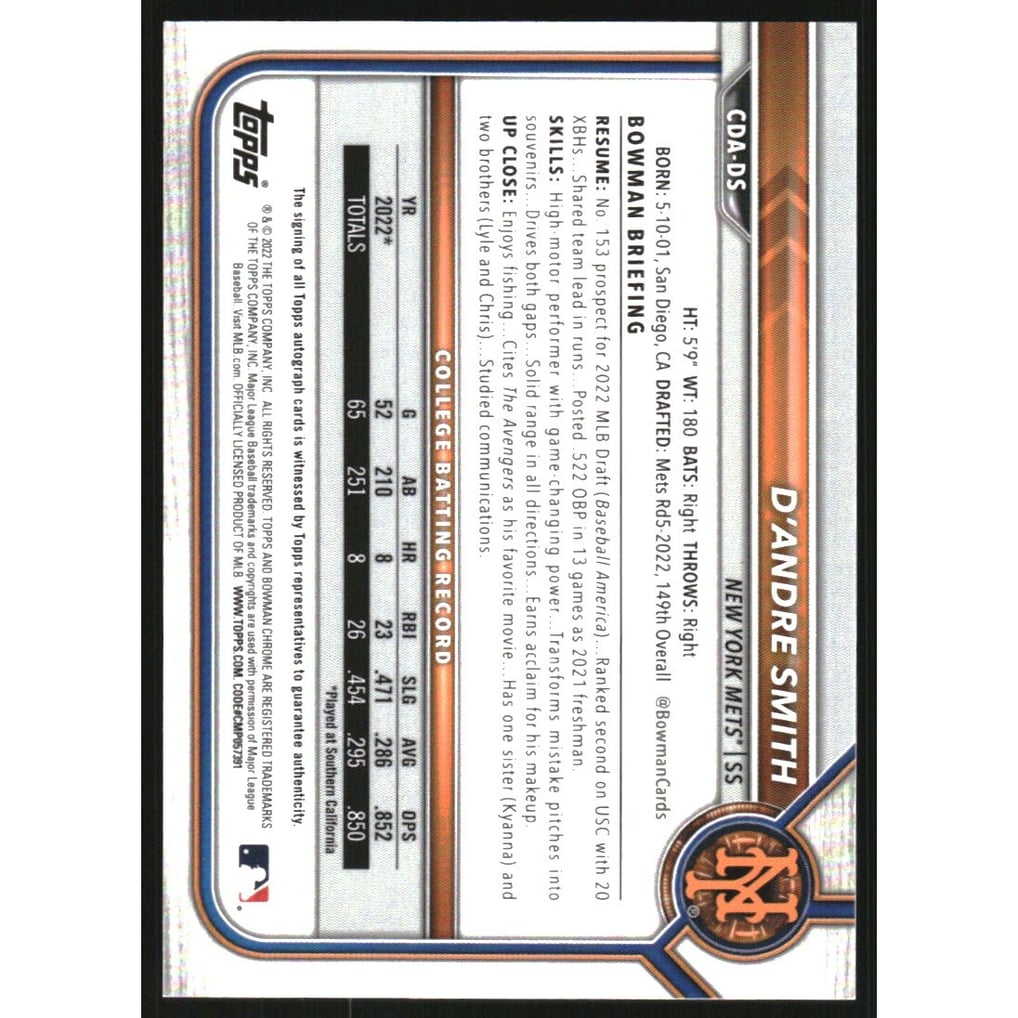 2022 Bowman Chrome Draft Autographs #CDADS D'Andre Smith