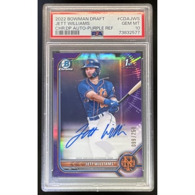 2022 Bowman Draft Chrome Pick Purple #CDA-JWS Jett Williams RC Auto /250 PSA 10