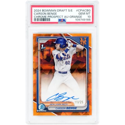Carson Benge New York Mets Autographed 2024 Bowman Chrome Sapphire Orange Refractor #CPA-CBG #11/25 PSA Authenticated 10 Card