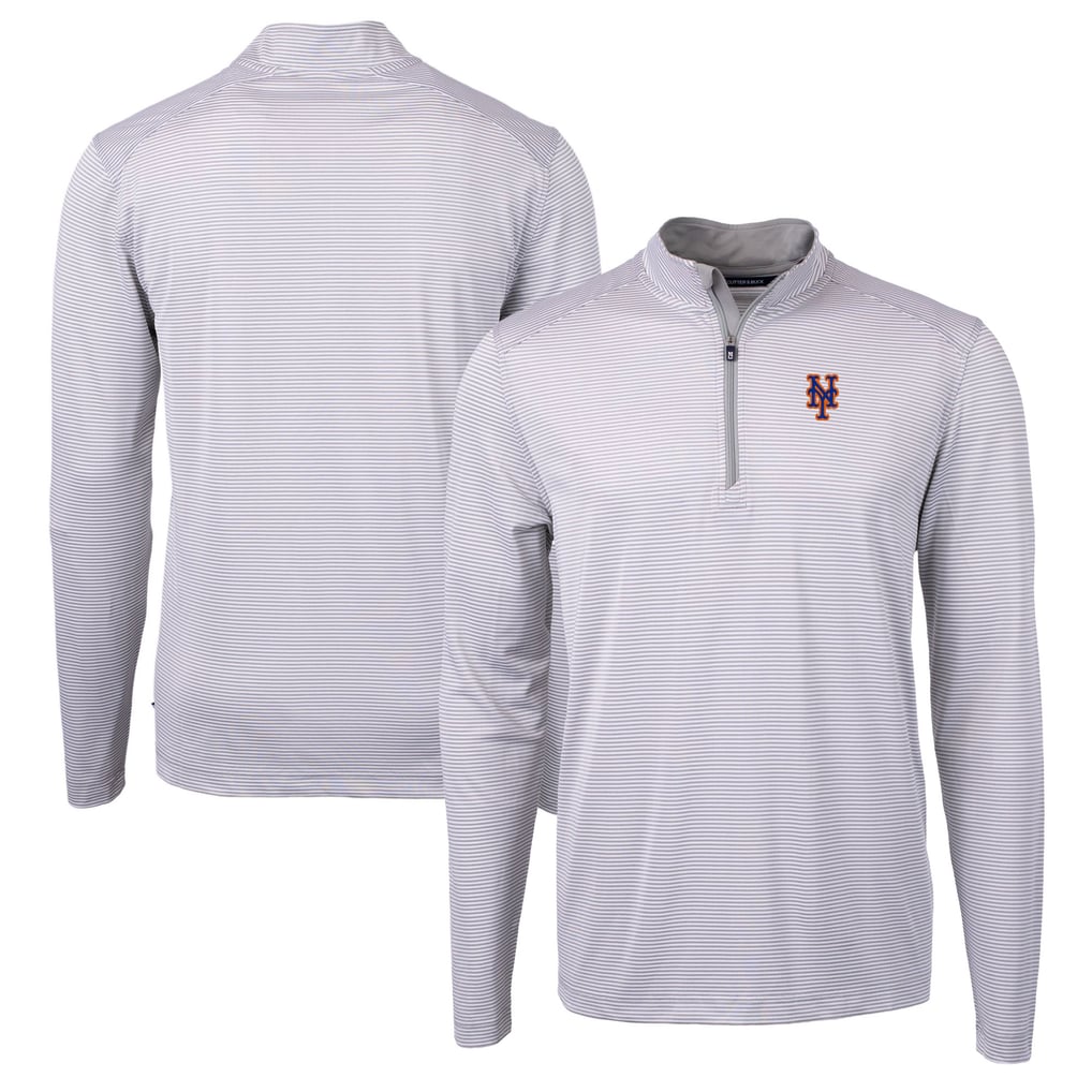 New York Mets Cutter & Buck Virtue Eco Pique Micro Stripe Recycled Quarter-Zip Pullover Top - Gray/White