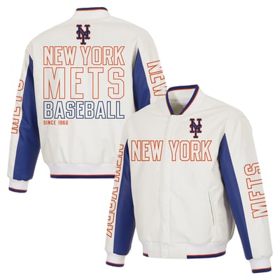 JH Design New York Mets Navy/White Reversible Fleece Faux Leather Full-Snap Varsity Jacket