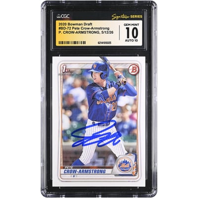 Pete Crow-Armstrong New York Mets Autographed 2020 Bowman Draft #BD-72 CGC Fanatics Witnessed Authenticated 10/10 Card