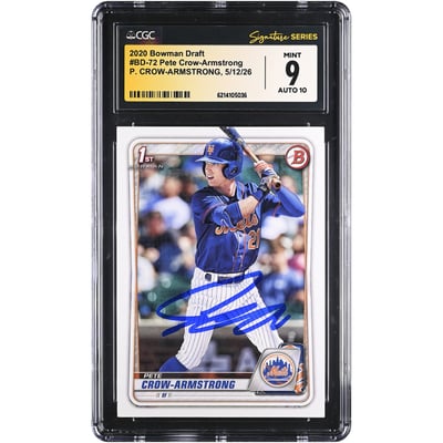 Pete Crow-Armstrong New York Mets Autographed 2020 Bowman Draft #BD-72 CGC Fanatics Witnessed Authenticated 9/10 Card