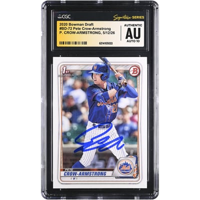 Pete Crow-Armstrong New York Mets Autographed 2020 Bowman Draft #BD-72 CGC Fanatics Witnessed Authenticated AUTO 10 Card