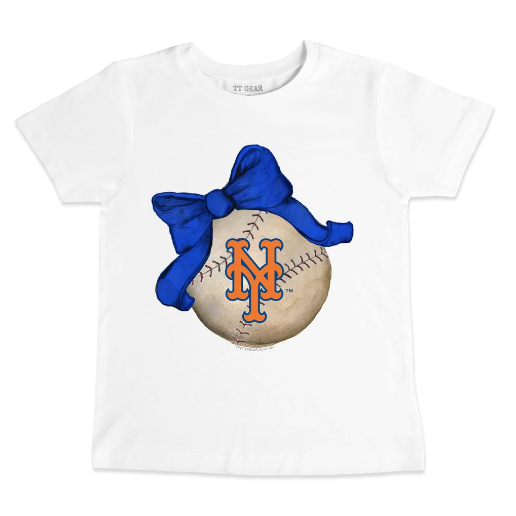New York Mets Tiny Turnip Toddler Baseball Bow T-Shirt - White