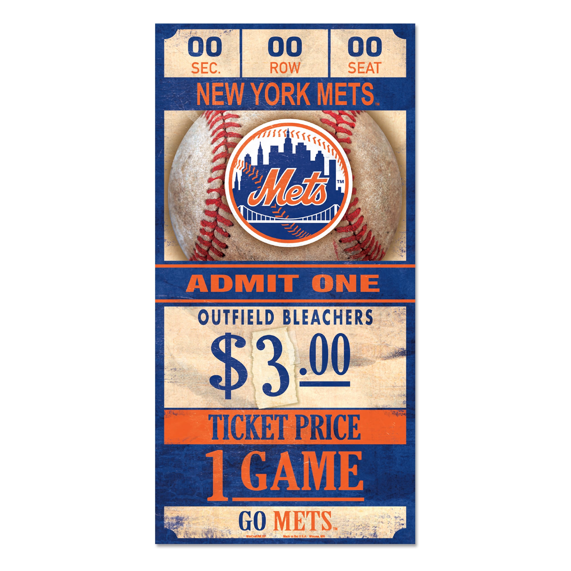 Editable Mets Tickets New York Mets WinCraft 6'' x 12'' Vertical Ticket Wood Sign