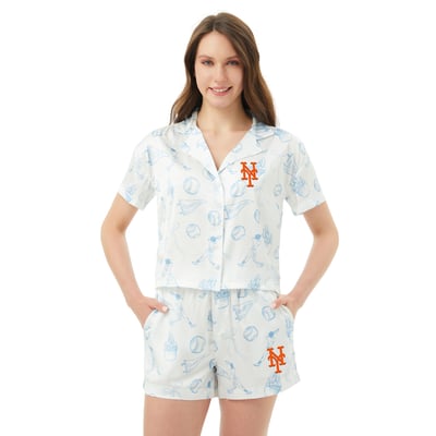  New York Mets Concepts Sport Women's Hilton Satin Allover Print Button-Up Shirt & Shorts Set - White