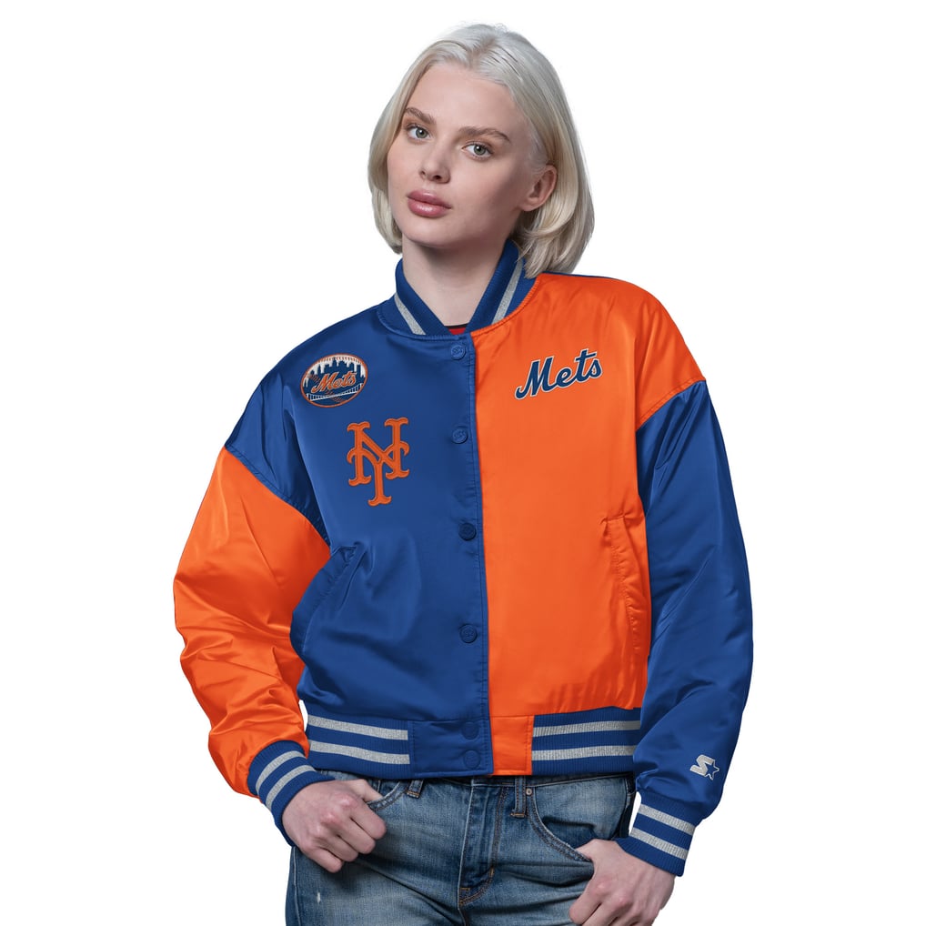New York Mets Starter Women's Offside Cropped Full-Snap Varsity Jacket - Royal/Orange