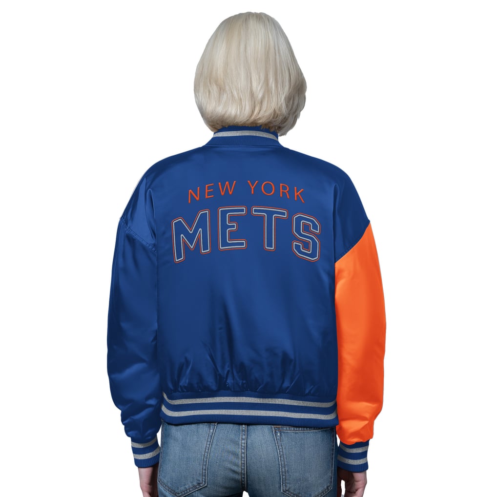 New York Mets Starter Women's Offside Cropped Full-Snap Varsity Jacket - Royal/Orange