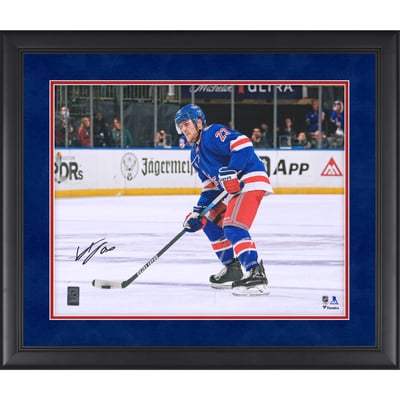 Adam Fox New York Rangers Autographed Fanatics Authentic Framed 16" x 20" Blue Jersey with Puck Photograph - Suede Mat Upgrade