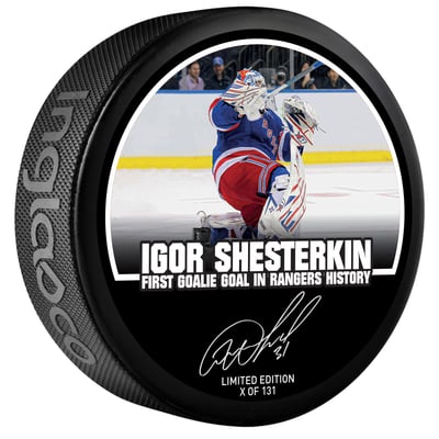 Igor Shesterkin New York Rangers Autographed Fanatics Authentic 1st Goalie Goal in Franchise History Hockey Puck - Limited Edition of 131