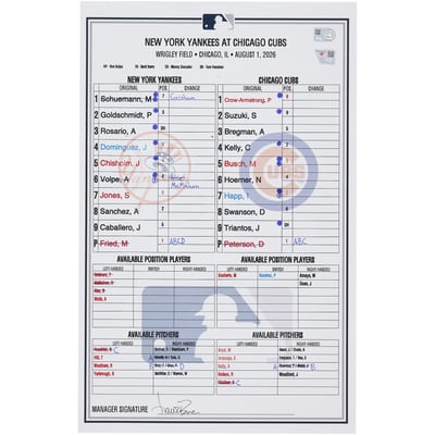  New York Yankees Fanatics Authentic Game-Used Lineup Card vs. Chicago Cubs on August 1, 2026