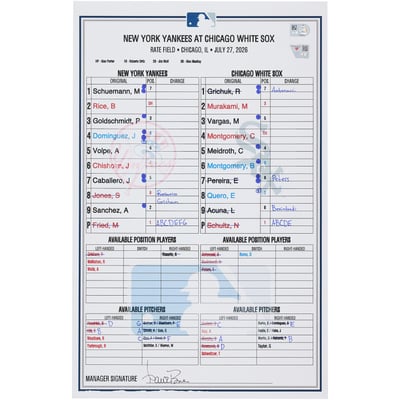  New York Yankees Fanatics Authentic Game-Used Lineup Card vs. Chicago White Sox on July 27, 2026