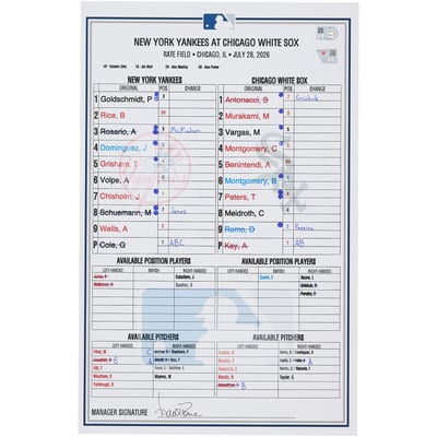 New York Yankees Fanatics Authentic Game-Used Lineup Card vs. Chicago White Sox on July 28, 2026